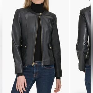 Cole Haan Black smooth lamb Leather woven shoulder Jacket size L